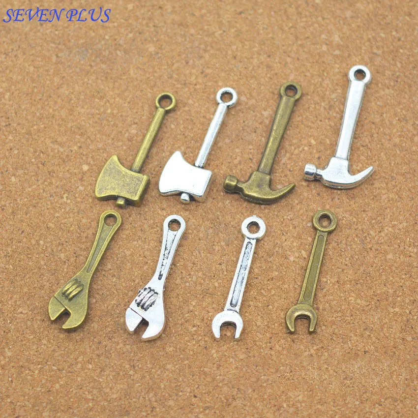 

Newest Style 20 Pieces/Lot 24MM Antique Silver Or Bronze Diy Handmade Metal Small Mixed Charms Wrench Axe Hammer Tools Charms