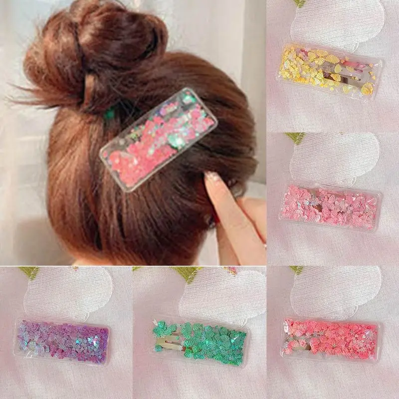 

Young Girls Korean BB Hair Clips Jelly Transparent Glitter Seashell Sequins Hairpins Rectangle Sweet Candy Color Snap Barrettes