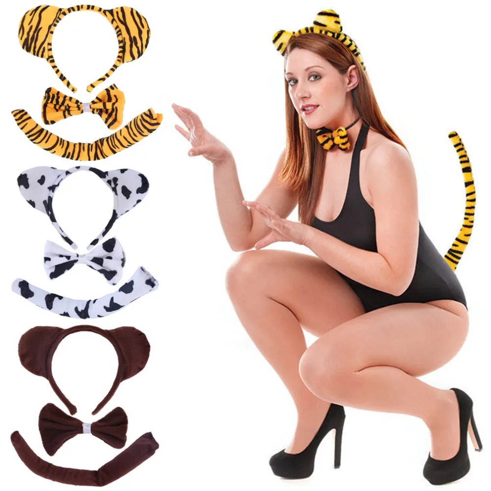 

100% Brand Kids Animal Zebra/Tiger/Cow/Gray Wolf/Monkey Tail Bunny Ear Headband Bow Tie 3Pcs Party Fancy Dress Xmas Masquerade