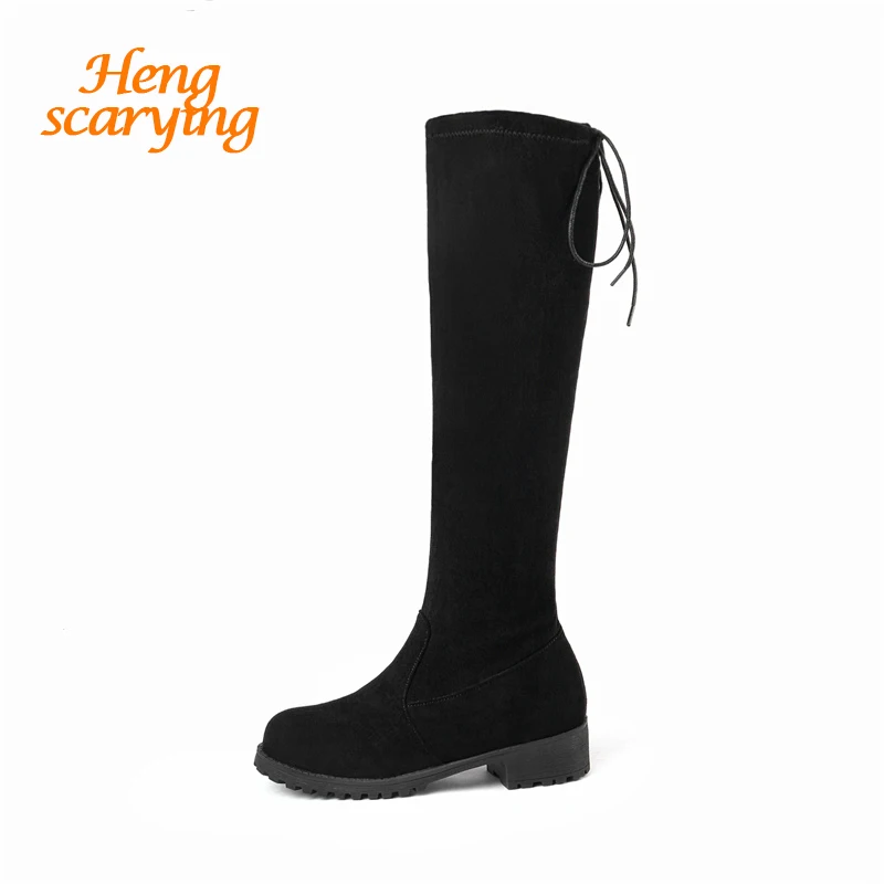 

2018 Plus Size 44 Women Knee High Winter Warm Suede Plush Snow Boots Female Rubber Stretch Cheap Tight Boots Lady Botas Shoes