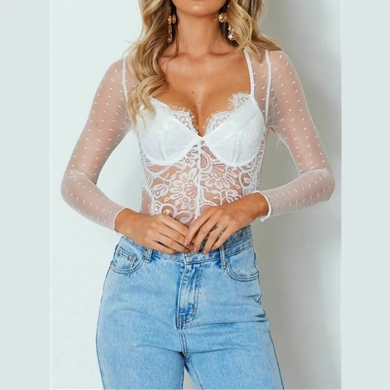 

2019 Ladies Sexy Lace Lingerie Women Fashion See Through Top Deep V-neck Long Sleeve Lace Clothes Nightwear Summer Bra Sleepwear