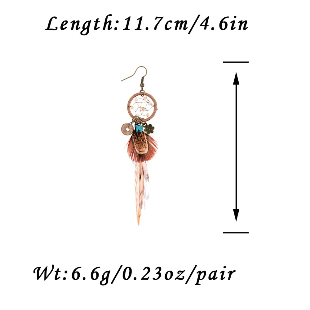 Ethnic Long Bohemia Feather Beaded Earrings For Women Dreamcatcher Round Wood Indian Gypsy Hippie Earrings Boucle D’oreille