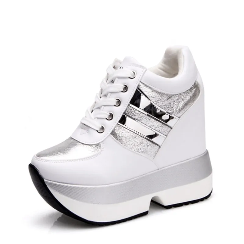Г., осенняя женская обувь на высокой платформе повседневная обувь, увеличивающая рост кроссовки на толстой подошве 12 см, дышащая обувь женские кроссовки - Цвет: Белый