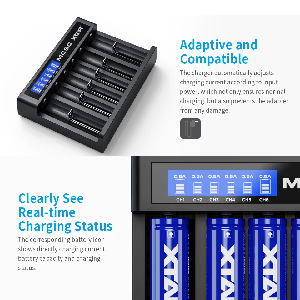 Зарядное устройство XTAR MC6C Micro USB DC вход 6 слотов ЖК дисплей умное зарядное для