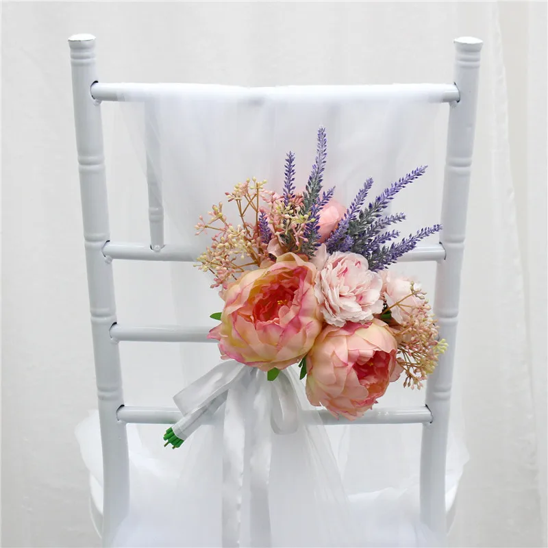 Искусственный букет невесты ручной работы на стул с открытой спиной цветок для церковного банкета Свадебный декор букет цветов+ чехол на стул пряжа гирлянда Роза - Color: D 2