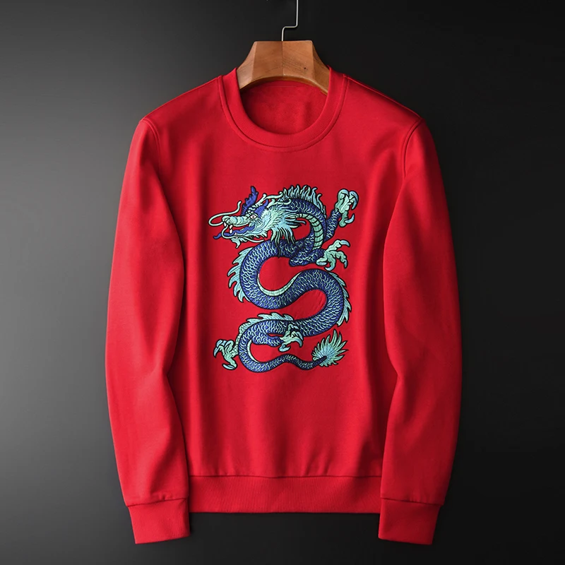 

Minglu Red Sweatshirts Men Luxury Lyocell Tsing Lung Embroidery Long Sleeve Hoodies Men Plus Size 4xl Round Collar Mens Hoodies