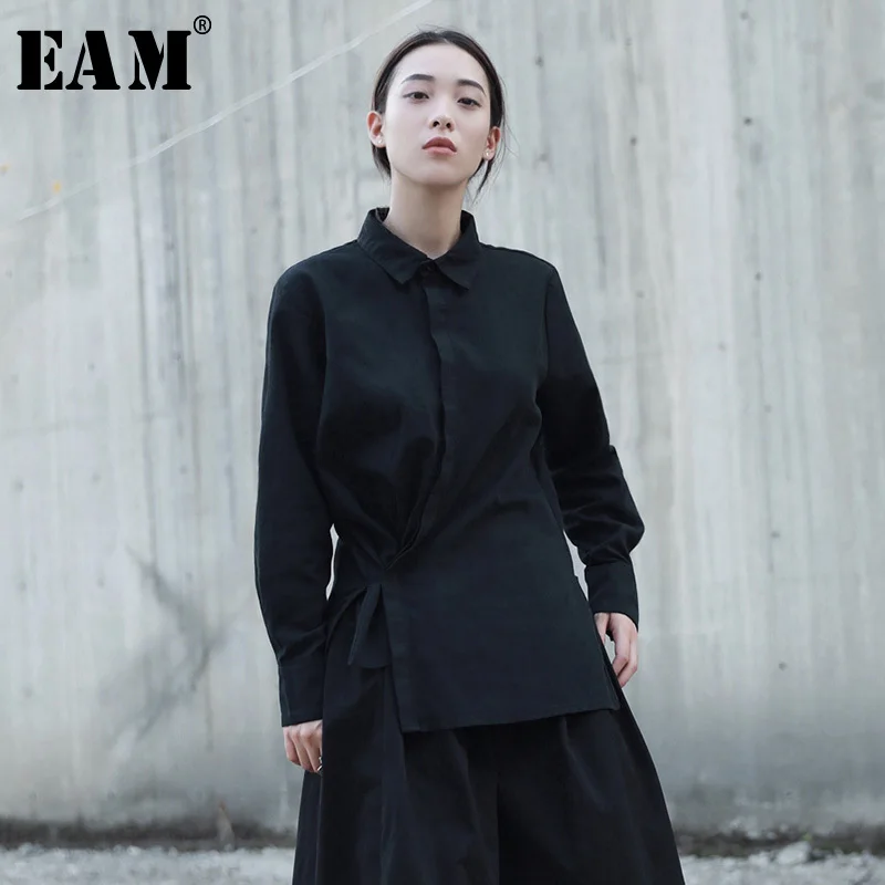 

[EAM] 2019 Autumn Winter Two Wear Ways Irregular Cotton Casual Retro Long Sleeve Solid Color Black White Tie Shirt Women YA349