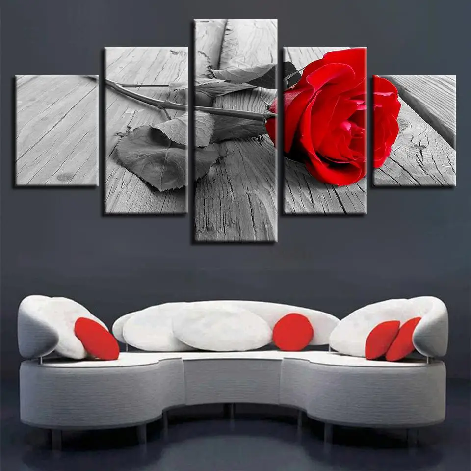 

5 Pieces Canvas HD Printed Black and Red Rose Photo Wall Art painting for Home Decor ,Ready To Hang Drop Shipping