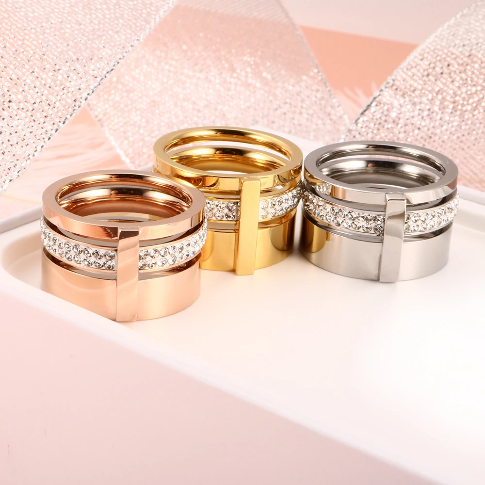 Trendy Three Layers Ring Set Gold Color Rings Stainless Steel Ring Finger Ring Gold Color Ring Adjustable Rings Zircon Crystal Ring Wedding Rings Wedding Ring Jewelry Accessories 316L Stainless Steel Crystal Rings For Women