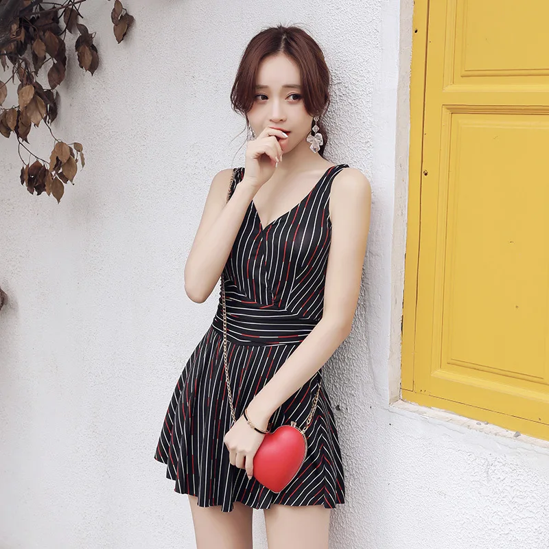 

2019 New Swimwear Women One Piece Swimsuit Dress Sexy Striped Slim Bikinis