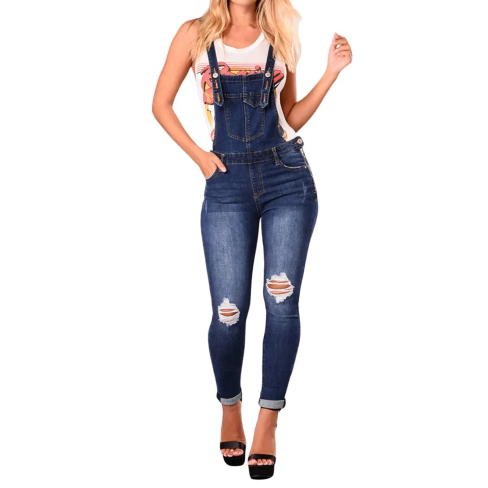 

Womens Plus Size High Waist Skinny Bib Overalls Jeans Adjustable Gradient Long Pants Destroyed Holes Cuffed Suspender Jumpsuit