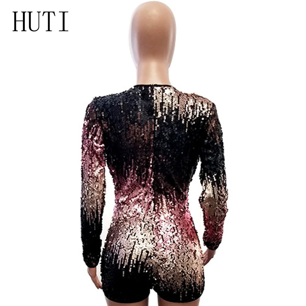 HUTI Charming Colorful Sequins Jumpsuit Rompers Sexy Deep V Neck Long Sleeve Playsuit Feminino Clubwear Skinny Jumpsuits