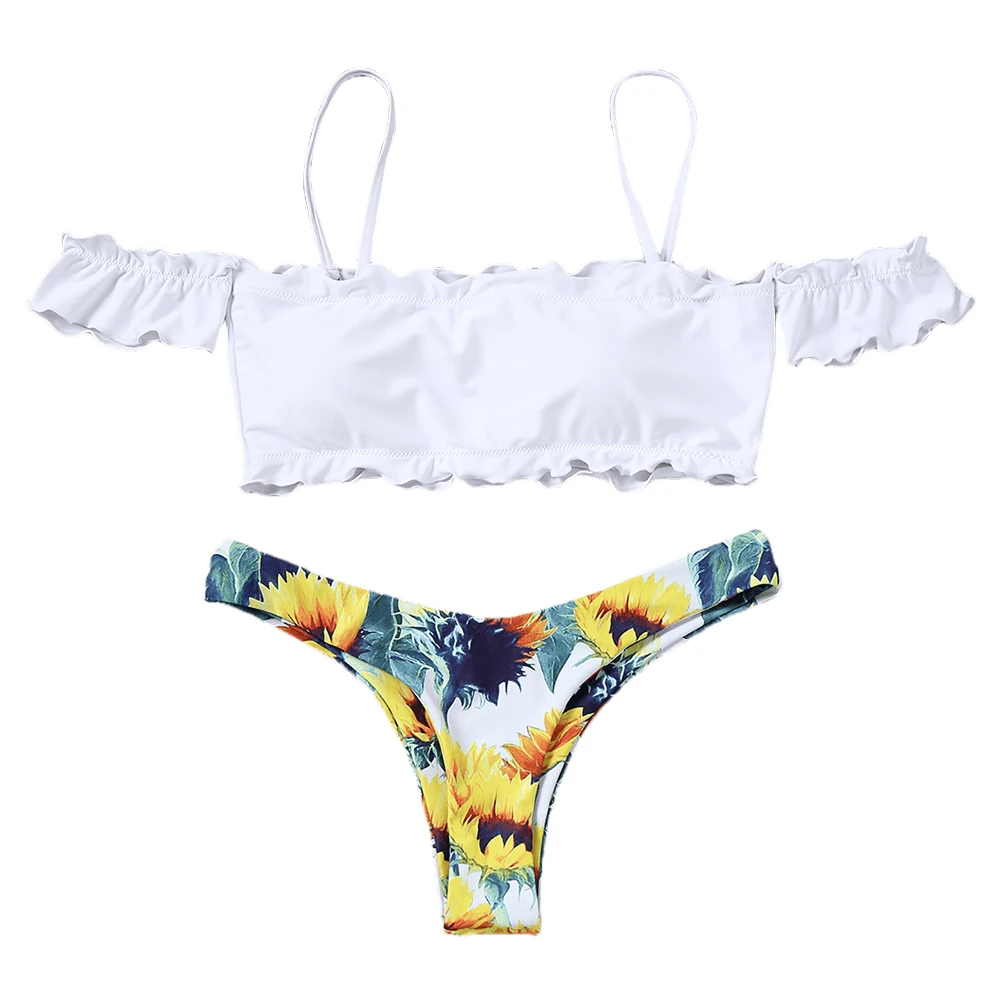 ZAFUL Sunflower Off Shoulder Lettuce Hem Bikini Swimwear 2018 Push Up