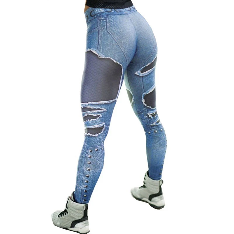 NORMOV модные леггинсы для женщин для джинсы отверстие Печатных узкие джинсовые печати облегающие Лосины Fit Sexy поддельные Джеггинсы ж