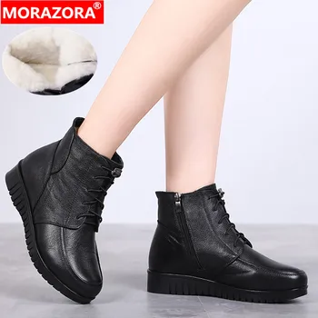 

MORAZORA 2020 new arrival women ankle boots wool genuine leather snow boots lace up casual flat shoes woman winter booties