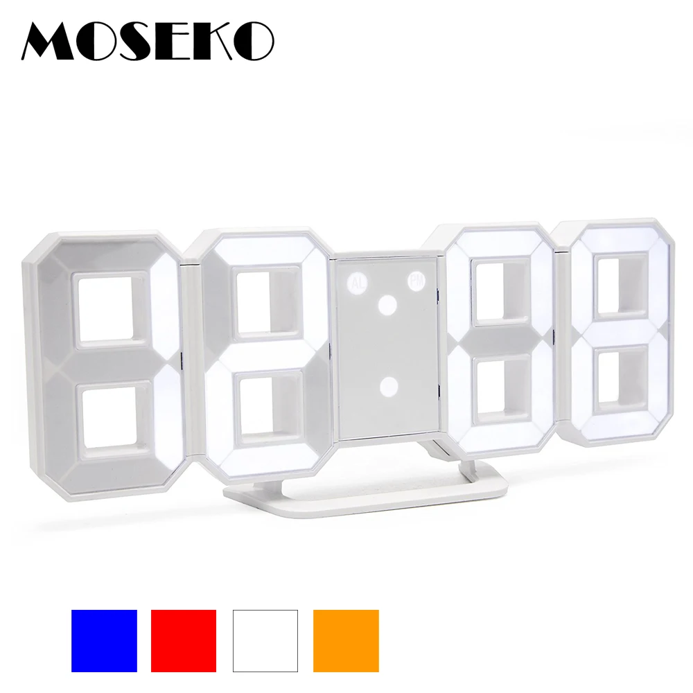 

MOSEKO Electronic LED Digital Alarm Clock Modern Wall Desk Table 3D Clock with Dimmable Nightlight, Snooze, Auto Memory