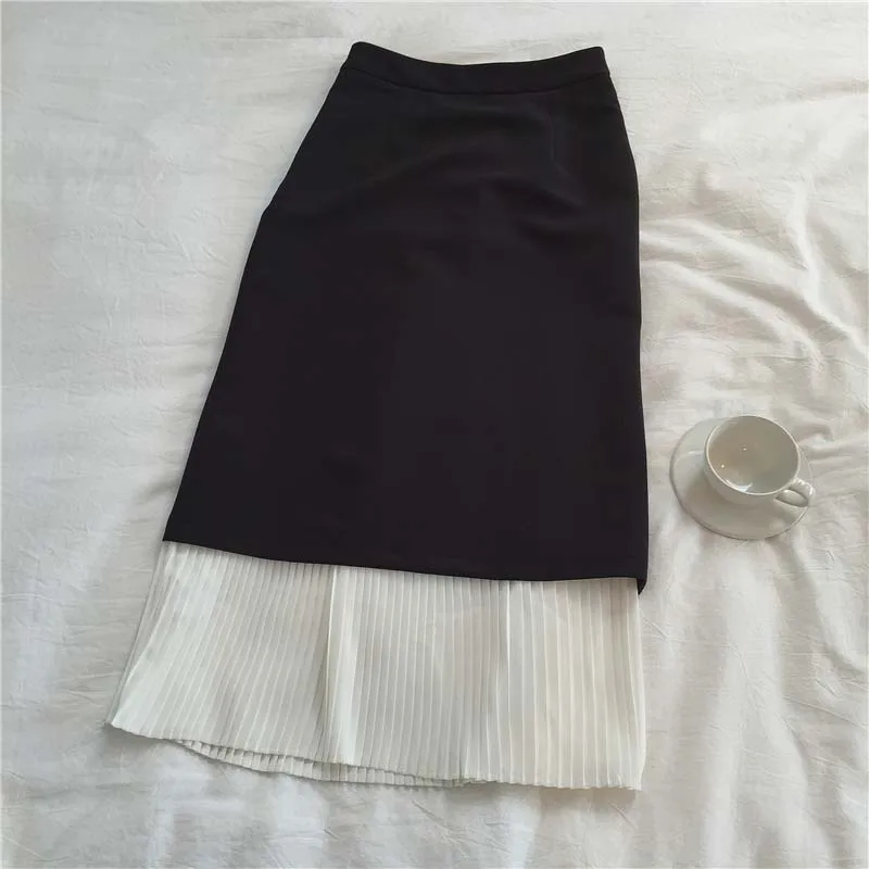 Осенняя Женская юбка Повседневная однотонная сшитая с высокой талией Комбинированная юбка