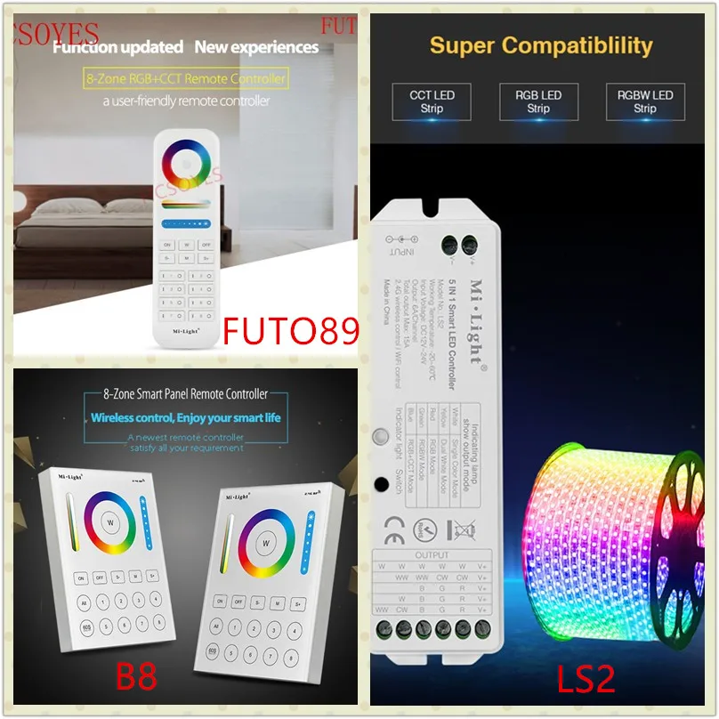 

B8 Wall-mounted Touch Panel;FUT089 8 Zone remote RF dimmer;LS2 5IN 1smart led controller for RGB+CCT led strip MiLight