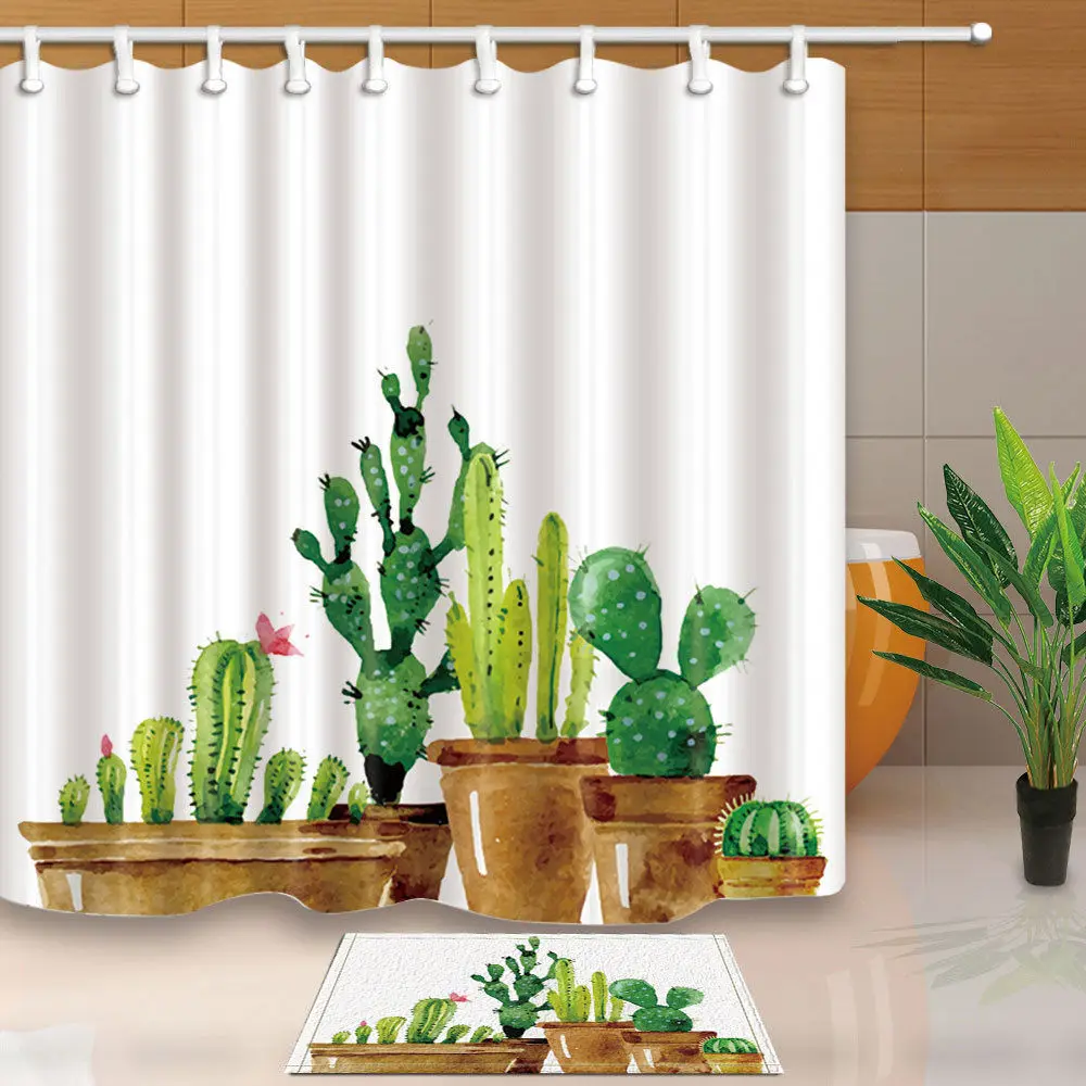 Cactus Potted Shower Curtain Bed Bath Decor Waterproof Fabric 12 Hooks