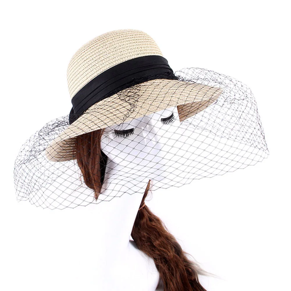 New women's Summer sun hat Wide Large Brim Big bow Hat Beach Hats Anti-UV Lace Net Yarn Wedding Hat For Women Straw Hat