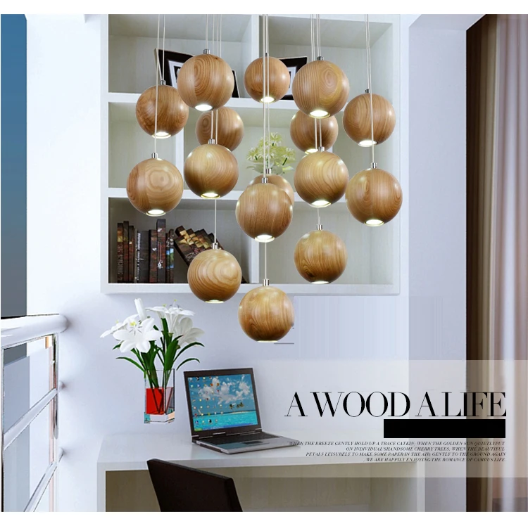 

Nordic Creative Wood Ball Pendant Lights Wooden LED G4 Hanging Droplight with 100cm Cord Art Deco Lighting Abajur AC 110-240V