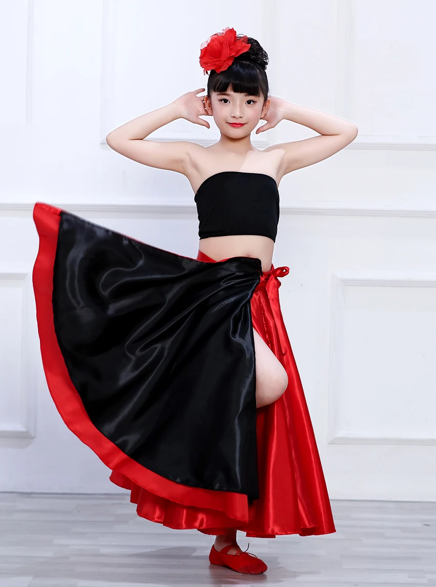 Детская юбка фламенко, испанский бой быков, танцевальное платье, цыганская одежда для выступлений, Женская сценическая одежда, женский красный атласный костюм