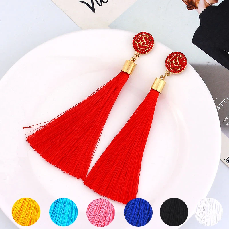 

Bohemian Crystal Tassel Earrings Female Fashion Ethnic Long Drop Earring Silk Fabric Statement Long Dangle Earrings For Women