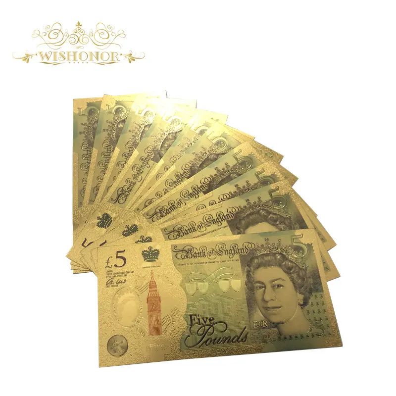 10 шт./лот, Новые товары для английских цветных золотых банкнот, 5 фунтов банкнот, 24k позолоченные поддельные бумажные деньги для сбора