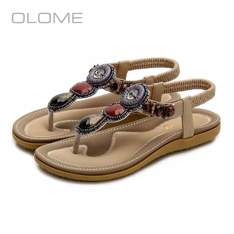 

OLOME new super fire personality wild Wear resistant round head Bohemian Beaded Open Toe Sandals female Large size 36-42