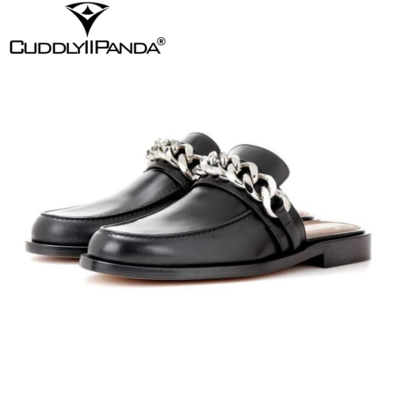 

CuddlyIIPanda 2019 Spring Summer Brand Design Women Mules Metal Chains Loafers High Quality Slippers Genuine Leather Pumps