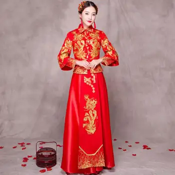 

Embroidery Dragon&Phoenix Women Cheongsam Chinese Ancient Wedding Bride Dress Elegant Floor Length Qipao Lady Evening Gowns