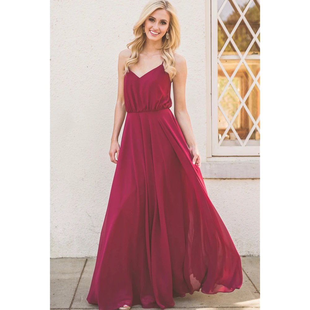 

2019 New Burgundy Chiffon Bridesmaid Dresses Spaghetti Strap A Line Floor Length Summer Wedding Party Gowns Cheap Plus Size