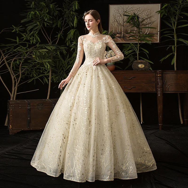 Высококачественное блестящее Золотое свадебное платье с вышивкой, кружевное платье с аппликацией, Свадебное бальное платье размера плюс, Vestido De Noiva 35