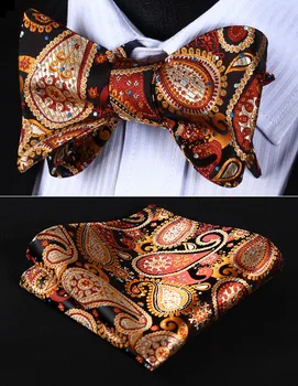 

Pocket Square BP706ZS Brown Orange Paisley Bowtie Men Silk Self Bow Tie handkerchief set
