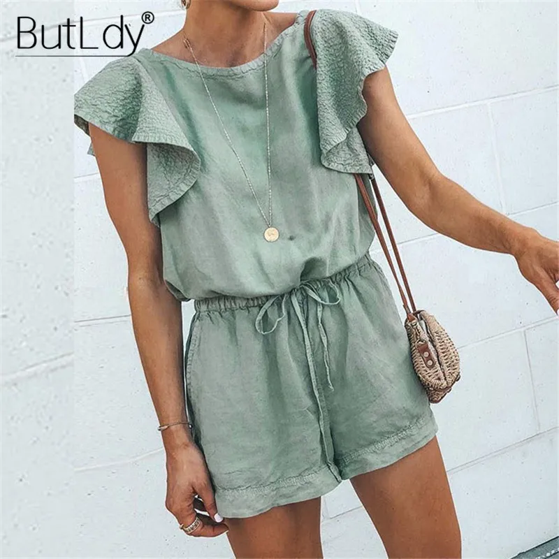 

Ruffle Playsuit Women Sexy Short Jumpsuit Romper 2019 Summer Cotton Linen Overalls Bodysuit Casual Green Beach Female Body Suit
