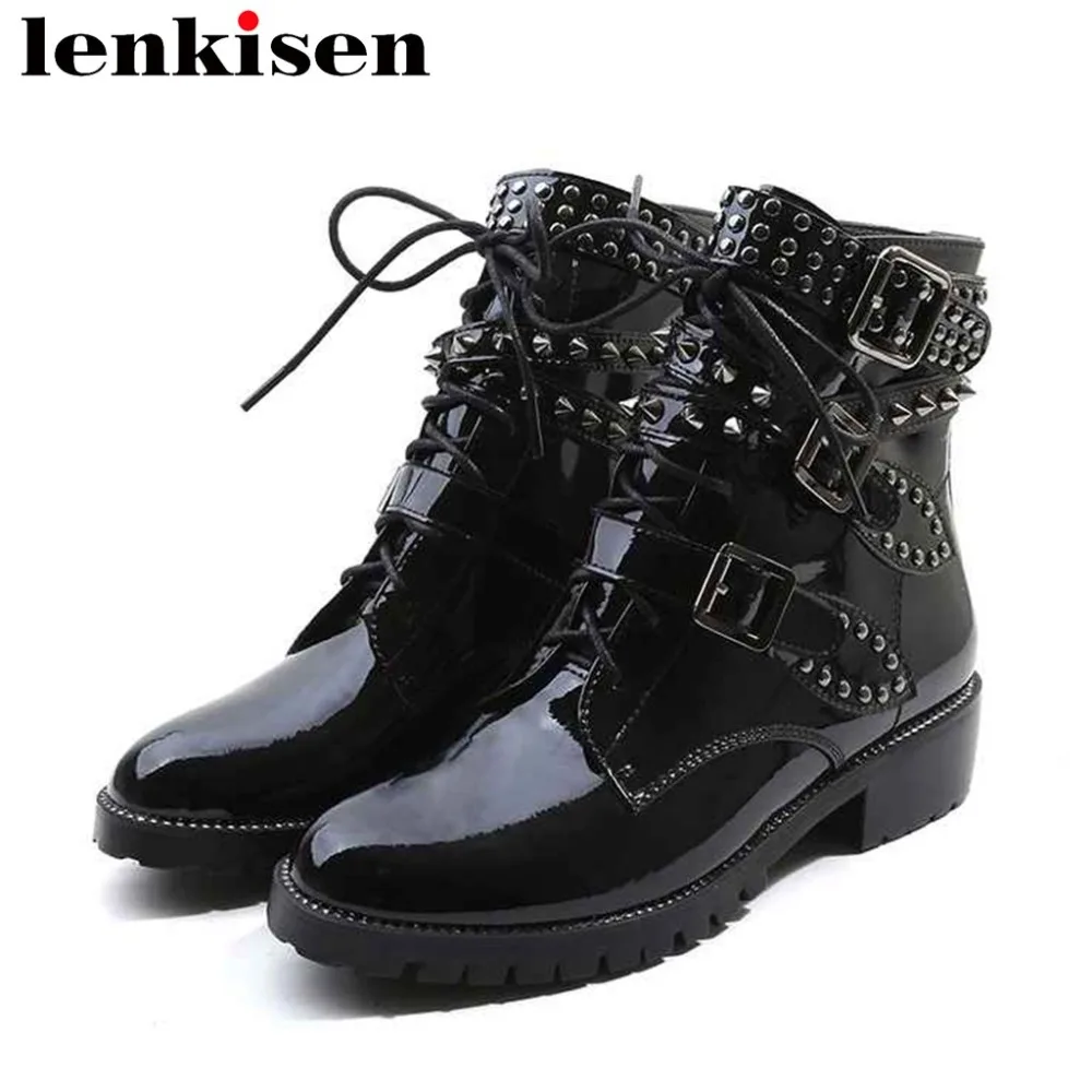 

Lenkisen handsome girls cow peatent leather med heels round toe lace upp buckle rivets rock style big size motorcycle boots L7
