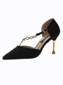 

Spring 2019 new cat-heeled, pointy one-shoe, hollow sandals, high-heeled, suede, rhinestone, one-button women's shoes