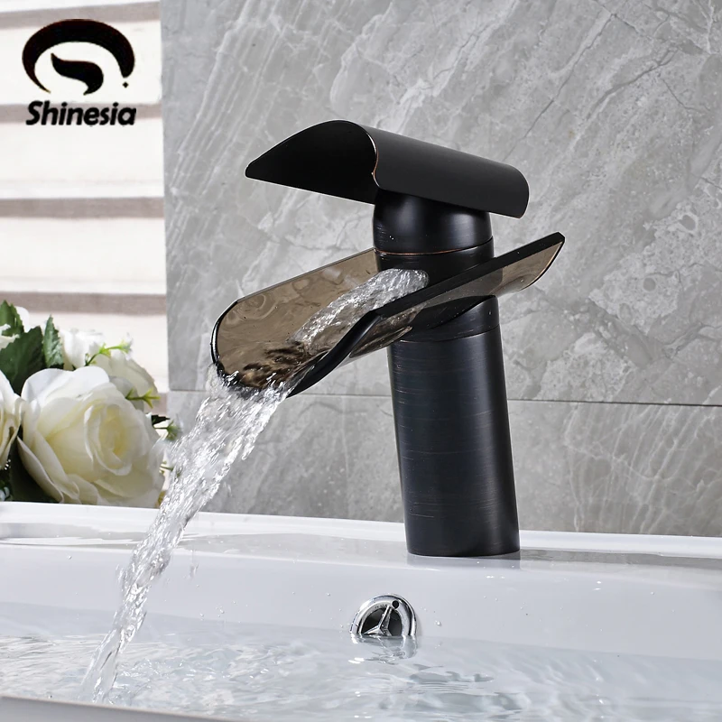 Oil Rubbed Bronze Glass Waterfall Spout Bathroom Sink Faucet Single