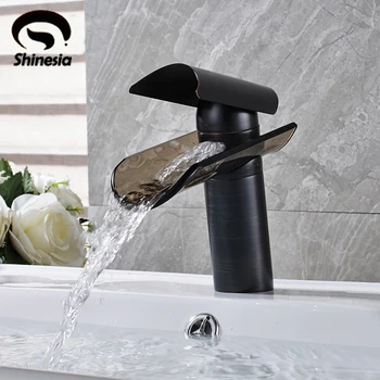 

Oil Rubbed Bronze Glass Waterfall Spout Bathroom Sink Faucet Single Handle Brass Mixer Tap