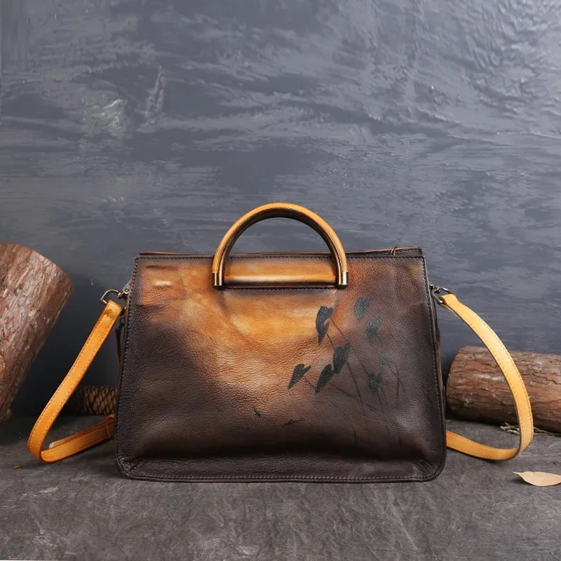 

Handmade Flower Designer Genuine Leather Metal Handle Female Women Green Handbag Cowhide High Quality Tote Bag Real Leather
