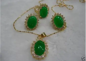 

Free Shipping Fashion jewelry beautiful green stone necklace pendant earring ring 7-9 # Set