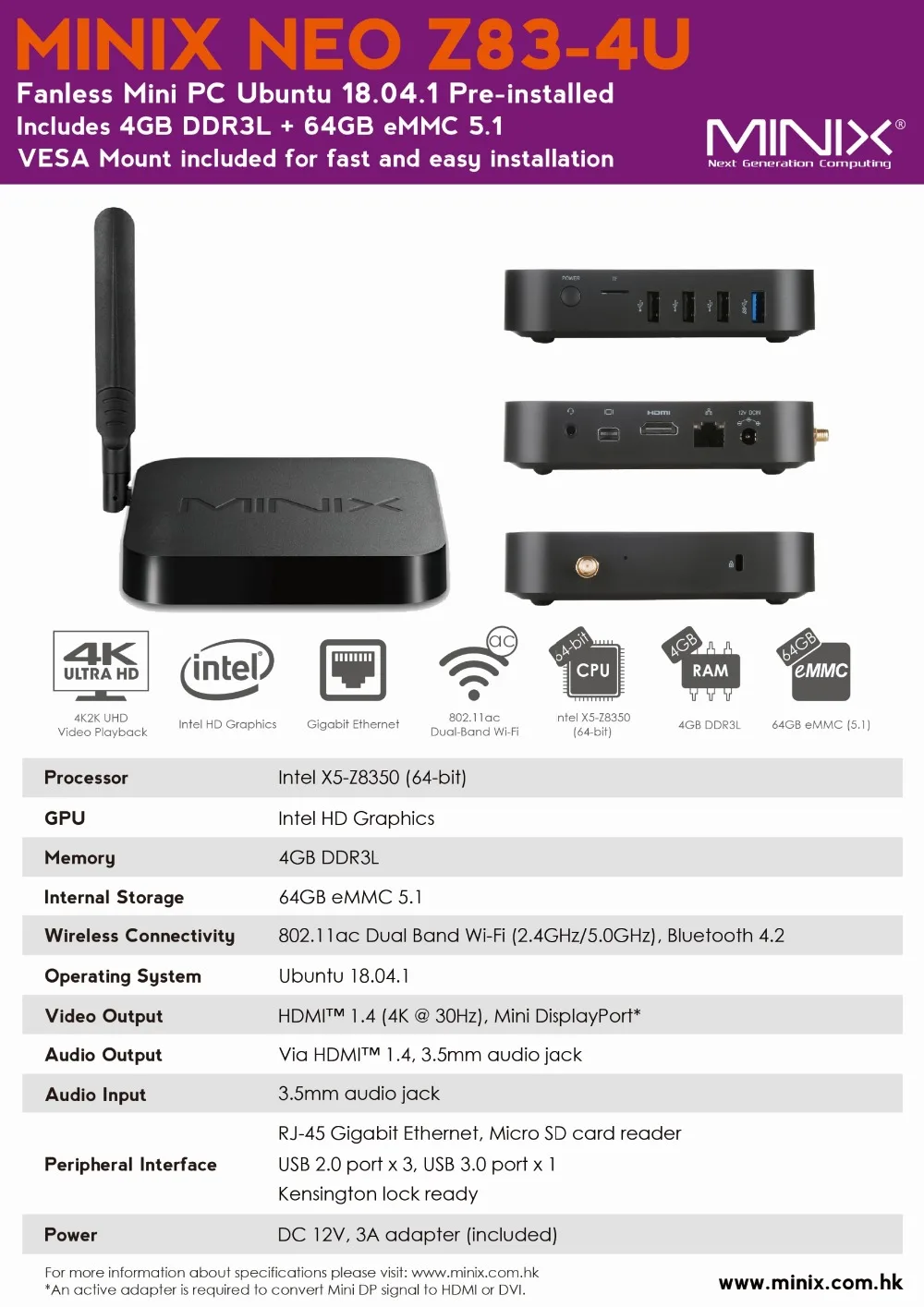 MINIX NEO Z83-4U Intel Atom X5-Z8350 Ubuntu мини ПК 4 ГБ/64 Гб HDMI + Мини DP двухдиапазонный Wi-Fi гигабитный LAN Bluetooth компактный Mini PC