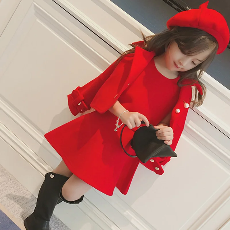 

Fashion Autumn Children Kids Girls Baby Tank-Dress+Long Sleeve Coat Outwear Blazer+Hat 3pcs Princess Clothing Sets Suits S7322