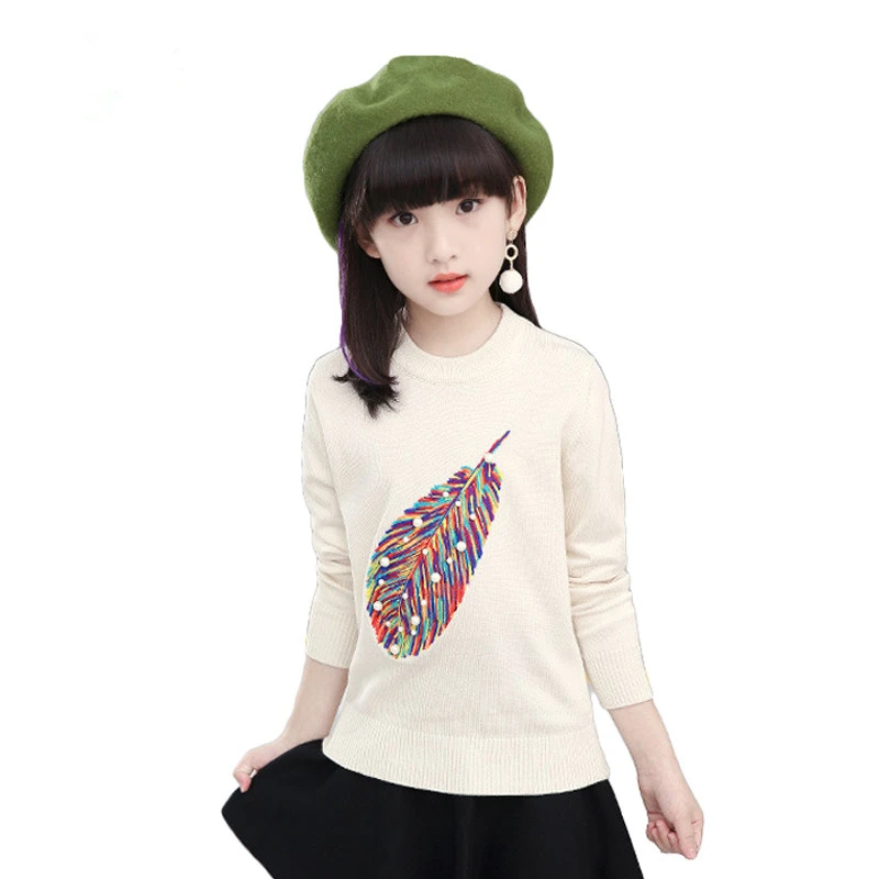 

KEAIYOUHUO 2017 New Fashion Girl's Sweater Autumn Casual Cardigan Girl Pearls Sweaters Knitted O-neck Feather Pattern Pullovers