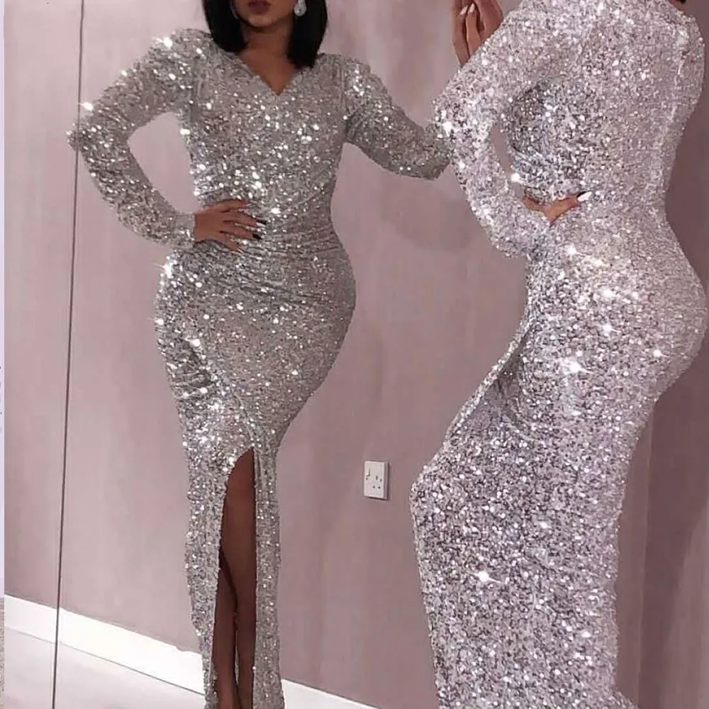 

Plus Size Sexy Evening Dresses abendkleider Silver African Celebrity Dresses Women Evening Gowns Sequined Side Slit Full Sleeves