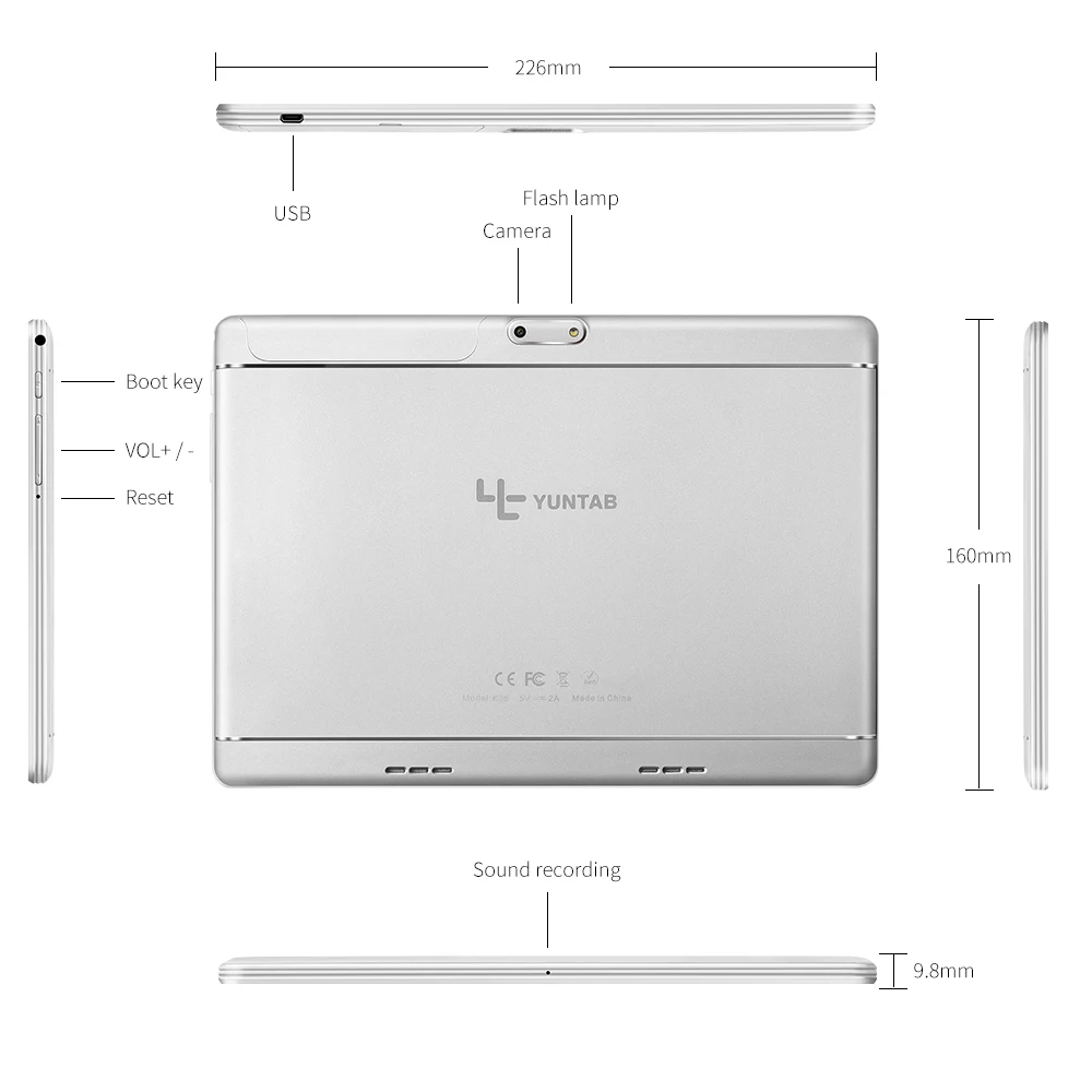 Yuntab 9,6 дюйма K98 таблетки Quad-Core ips Экран 800x1280 Поддержка двойная камера Две сим-карты Поддержка 2 г 3g Wi-Fi Bluetooth (серебро)