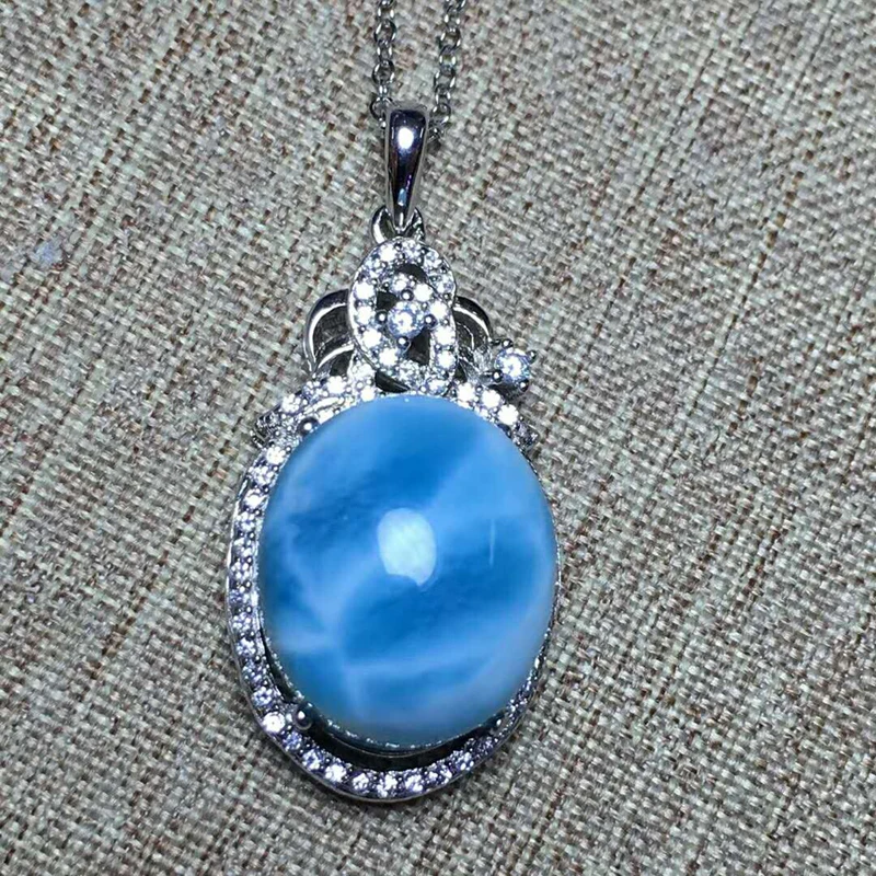 

KUIJIA Natural Larimar Copper Pectolite Pendants Larimar size 15.6*13.1mm S925 silver inlay Give S925 silver chain