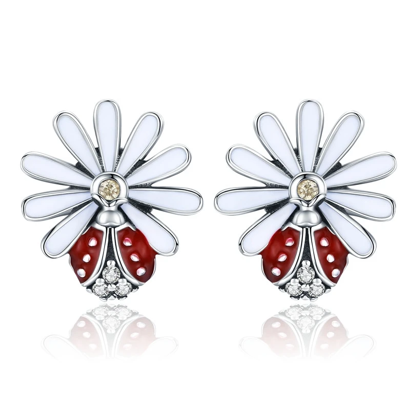 BAMOER Authentic 925 Sterling Silver Daisy Flower Red Ladybug Stud Earrings for Women Fashion Earrings Jewelry Gift SCE459 BAMOER Authentic 925 Sterling Silver Daisy Flower Red Ladybug Stud Earrings for Women Fashion Earrings Jewelry Gift SCE459