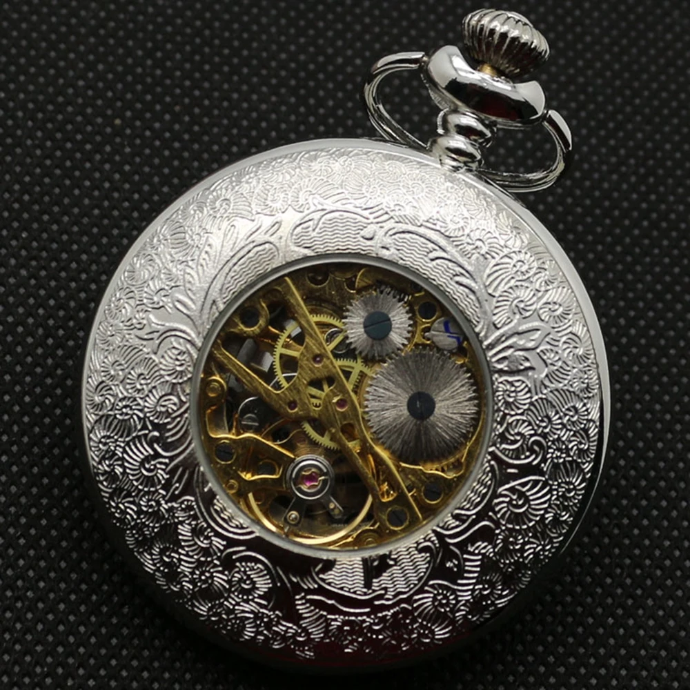 Antique Gift Set Skeleton Steampunk Mechaical Pocket Watch Hollow Carving Flower Pattern Pendant Clock + Gift Box Bag (4)