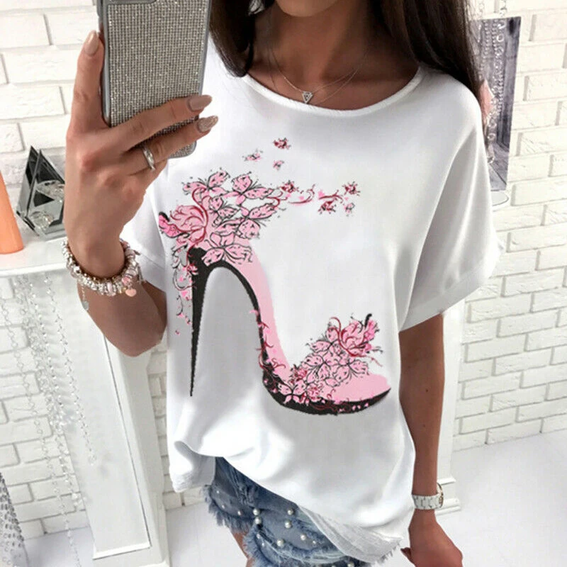 S-3XL 2019 Women Plus Size T-Shirt Summer Casual Loose Floral High-heeled Shoes Print Tee Tops Bat Short Sleeve Tops Lady Shirts